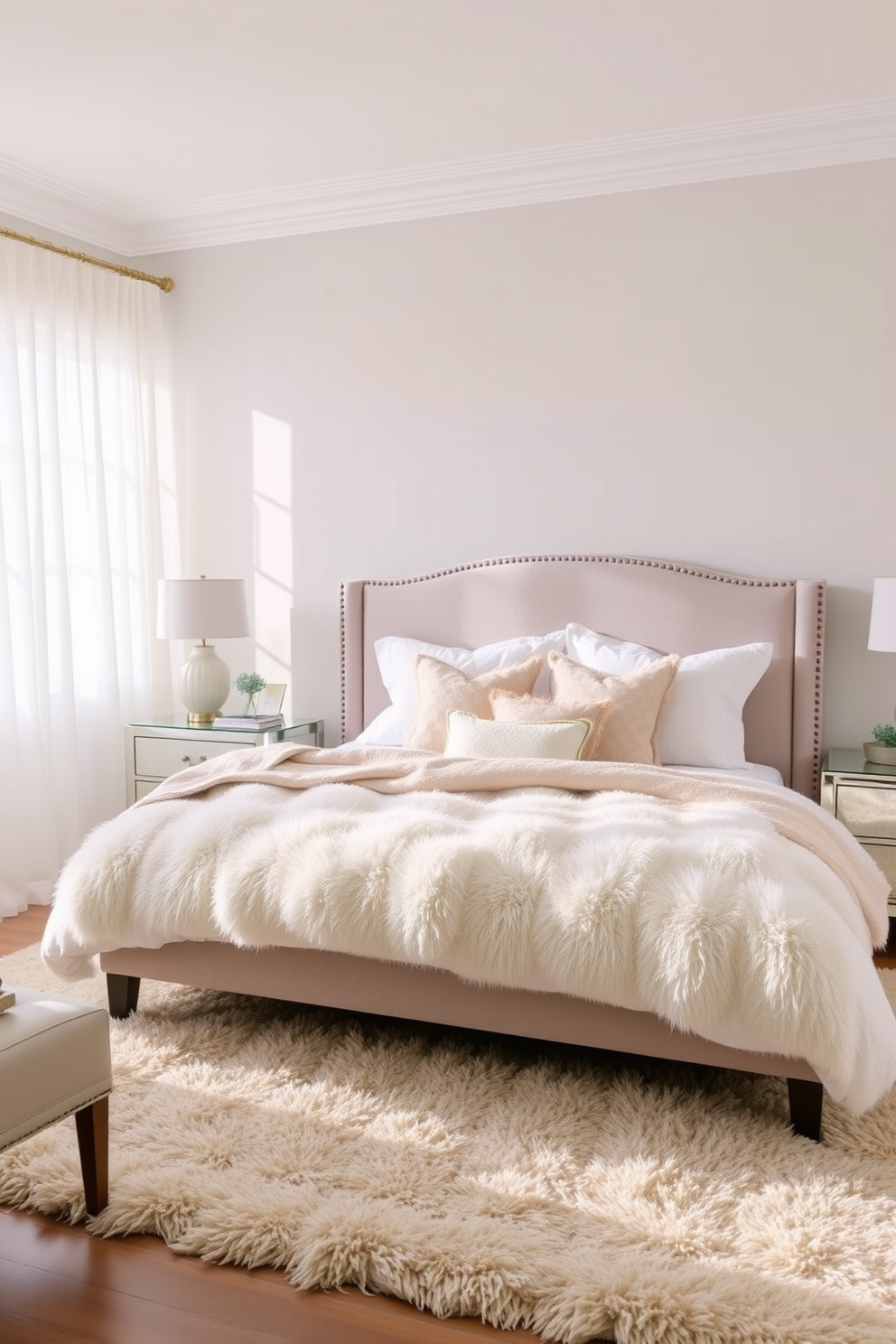 Create a serene bedroom retreat with soft hues. The walls are painted in a light pastel shade, and the bedding features layers of fluffy white and beige textiles. A plush area rug lies beneath a stylish upholstered bed, complemented by elegant bedside tables. Natural light filters through sheer curtains, enhancing the calming atmosphere of the space.