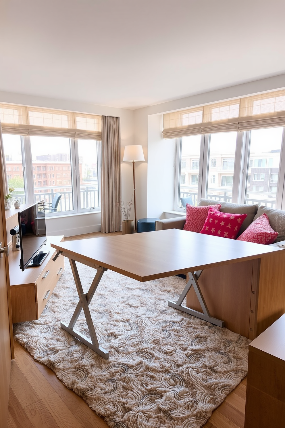 A modern apartment featuring an open floor plan that seamlessly blends the living and dining areas. The color scheme consists of soft grays and warm beige tones, accented by vibrant pops of teal in the decor. The living space includes a plush sectional sofa adorned with colorful throw pillows and a sleek coffee table made of glass and metal. A stylish area rug anchors the seating area, while large windows allow natural light to flood the room, enhancing the inviting atmosphere. In the dining area, a contemporary wooden table is surrounded by upholstered chairs that complement the overall color palette. A statement pendant light hangs above the table, adding a touch of elegance and warmth to the space. The kitchen features modern cabinetry in a crisp white finish, paired with brushed nickel hardware for a cohesive look. A stylish backsplash in a geometric pattern adds visual interest, tying the entire apartment design together.