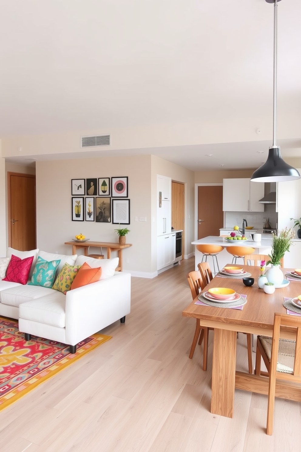 A modern apartment living room featuring large windows dressed with elegant floor-to-ceiling curtains in a soft neutral tone. The space is adorned with a plush sectional sofa, a sleek coffee table, and a vibrant area rug that adds warmth and texture. A stylish kitchen with an open layout, showcasing a large island with bar seating. The cabinetry is finished in a glossy white, complemented by metallic accents and pendant lighting that creates a welcoming atmosphere. A cozy bedroom designed for relaxation, featuring a king-sized bed with a tufted headboard and layered bedding in soothing colors. Natural light floods the room through sheer curtains, enhancing the tranquil ambiance. A chic dining area with a contemporary table set for six, surrounded by upholstered chairs that provide comfort and style. A statement chandelier hangs above, casting a warm glow that invites gatherings and celebrations.