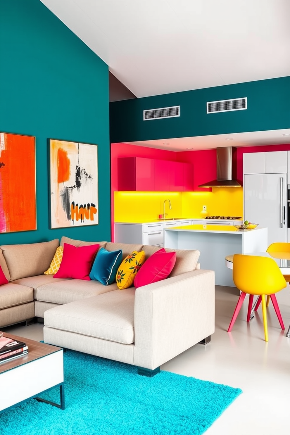 A vibrant living room setting with bold accent walls painted in deep teal and bright coral. The space features a plush sectional sofa in a neutral tone, complemented by colorful throw pillows and a large abstract painting that ties the colors together. The open-concept kitchen showcases sleek cabinetry in a glossy white finish, paired with a striking yellow backsplash. A modern dining table with colorful chairs sits adjacent to the kitchen, creating an inviting atmosphere for gatherings.