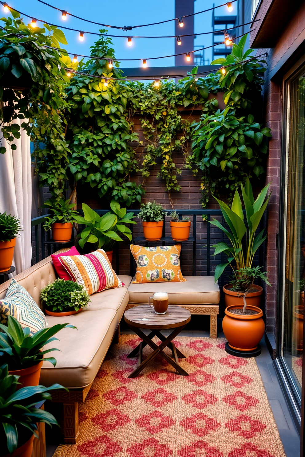 A cozy balcony space adorned with comfortable seating options, including a plush outdoor sofa and a set of colorful cushions. Lush green plants in terracotta pots surround the area, creating a serene atmosphere, while a small wooden table holds a steaming cup of coffee. Soft string lights are draped overhead, providing a warm glow during the evenings. The floor is covered with a stylish outdoor rug that adds texture and warmth to the space.