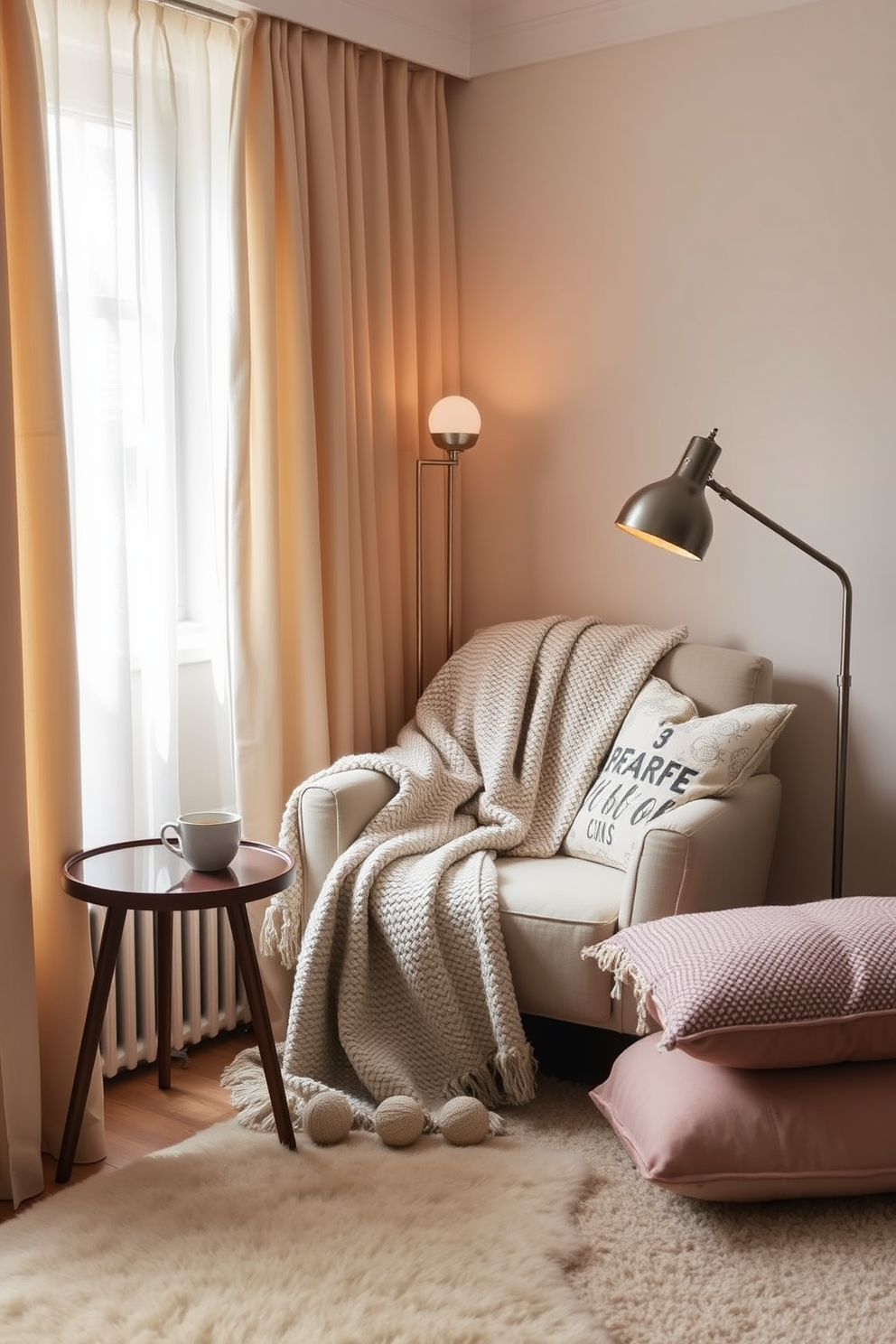 A serene apartment living space featuring soft beige walls and light gray furnishings to create a tranquil atmosphere. The open floor plan includes a cozy sectional sofa adorned with plush throw pillows, a sleek coffee table, and a subtle area rug that ties the room together. In the dining area, a wooden table is surrounded by modern chairs, all set against a backdrop of large windows that invite natural light. A carefully curated selection of indoor plants adds a touch of greenery, enhancing the overall sense of calm and relaxation.