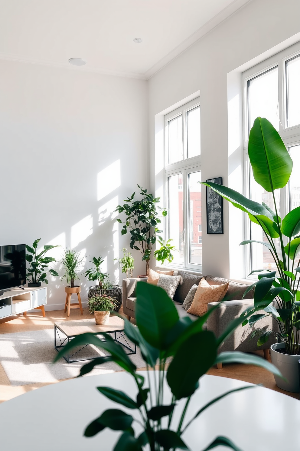 A stylish apartment living space filled with natural light. Lush indoor plants are strategically placed throughout the room, adding a vibrant touch of greenery. The furniture is modern and minimalist, featuring a comfortable sofa and a sleek coffee table. The walls are painted in a soft neutral tone, creating a warm and inviting atmosphere.