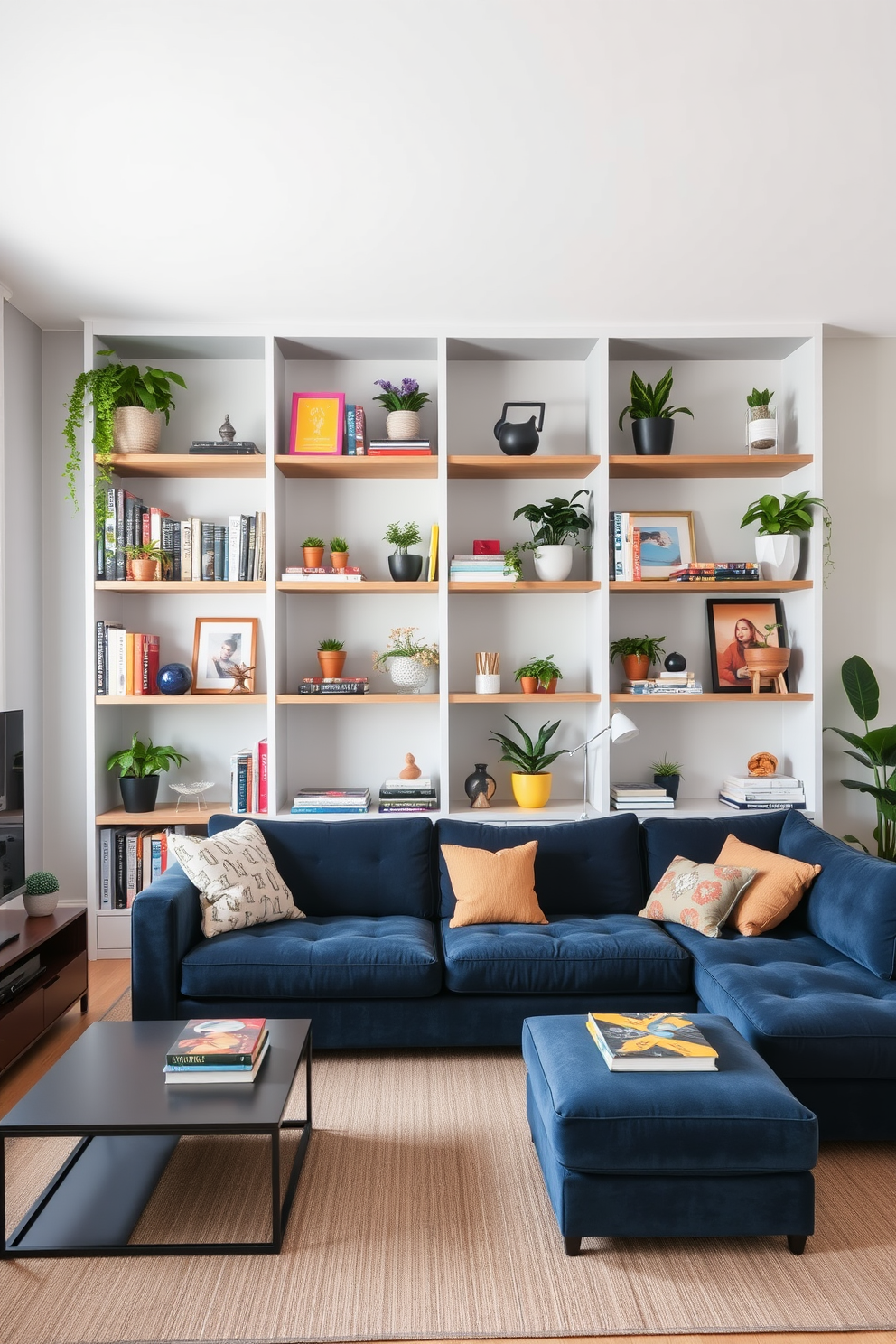 A modern apartment living room featuring open shelving that enhances the sense of space. The shelves are filled with a mix of books, decorative items, and potted plants, creating a vibrant and inviting atmosphere. The walls are painted in a soft gray tone, providing a neutral backdrop for the colorful decor. A plush sectional sofa in a rich navy blue is positioned in front of a sleek coffee table, inviting relaxation and conversation.