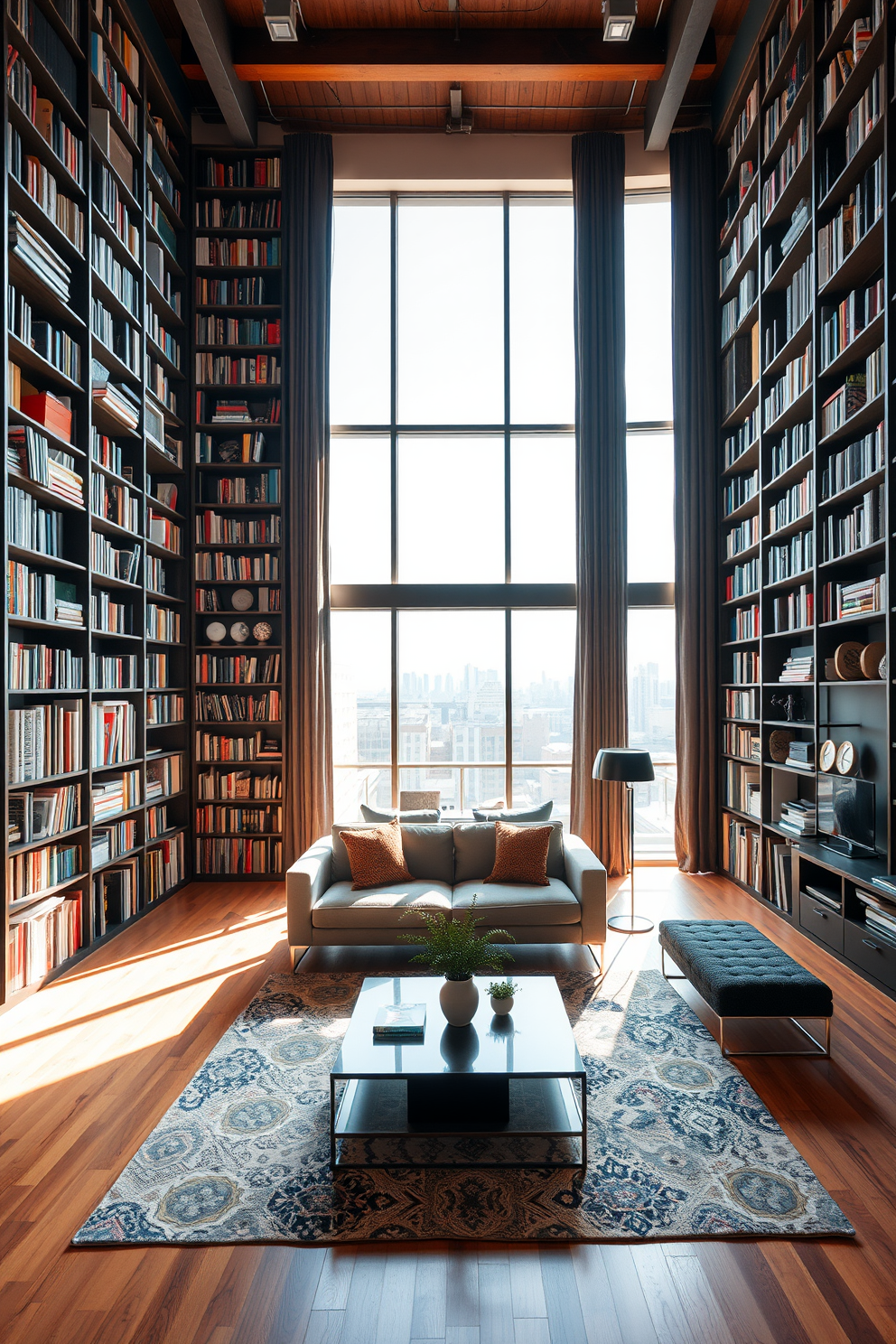 A modern apartment living room featuring tall bookshelves that reach from floor to ceiling. The shelves are filled with a mix of books and decorative items, creating an inviting atmosphere. In the center of the room, a stylish sofa is paired with a sleek coffee table, enhancing the open layout. Large windows allow natural light to flood the space, highlighting the warm wooden flooring.