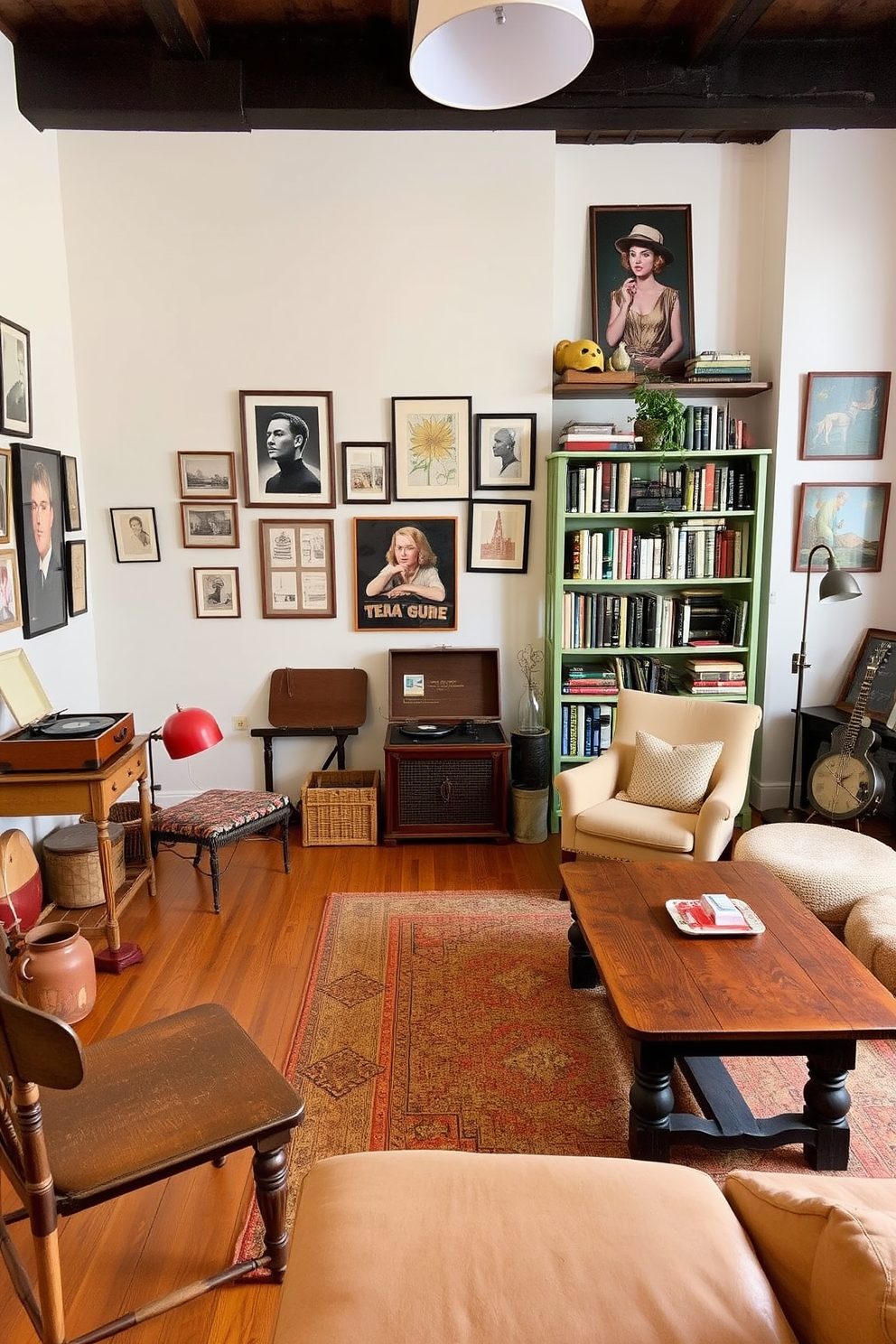 A stylish apartment featuring vintage decor pieces that add character and charm. The space includes an antique wooden coffee table, mismatched chairs, and a collection of retro art on the walls. The living area is complemented by a vintage record player and a bookshelf filled with classic novels. Warm lighting creates an inviting atmosphere, enhancing the overall aesthetic of the apartment.