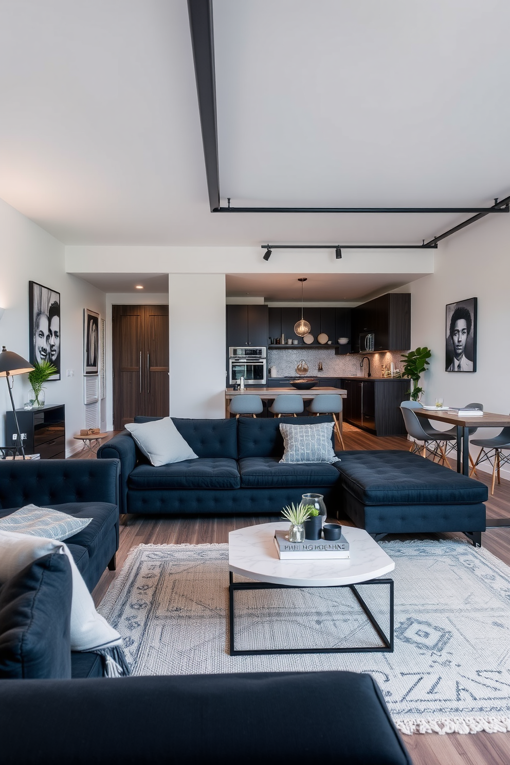 A stylish living area featuring a sleek sofa that converts into a bed. The room also includes a compact coffee table that can be expanded for dining. An industrial-themed apartment with a minimalist approach. The decor incorporates metal accents and neutral colors, creating a modern yet cozy atmosphere.