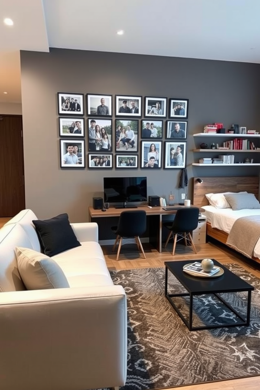 A sleek modern desk is positioned against a light gray wall, featuring a minimalist design with clean lines and a smooth finish. A stylish desk lamp and a few carefully arranged stationery items add functionality and a touch of personality to the workspace. The apartment design incorporates masculine elements with a balanced color palette of deep blues and rich browns. Industrial accents like exposed metal fixtures and wooden shelves enhance the contemporary vibe while providing ample storage and display space.