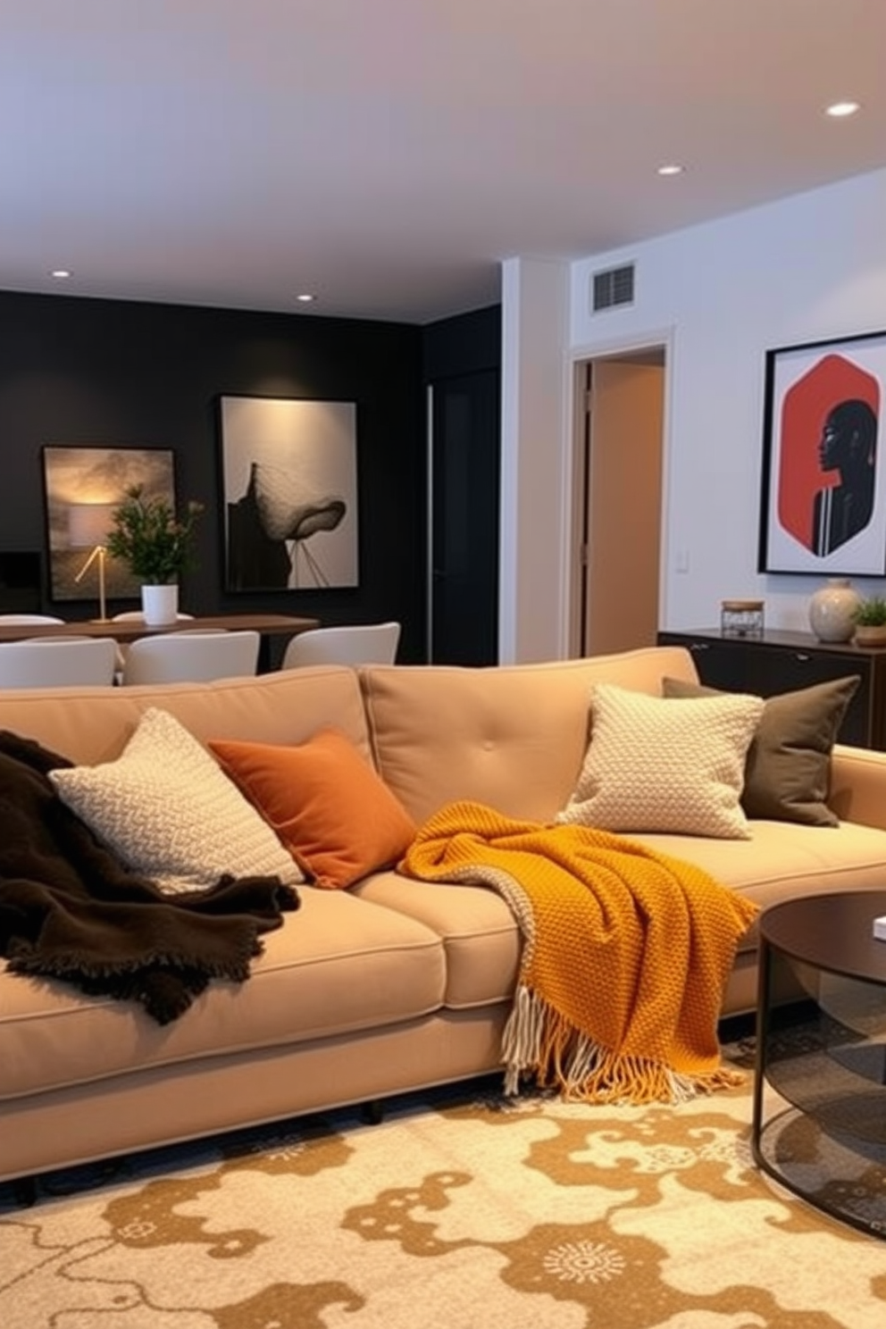 A cozy living room featuring a plush sofa adorned with comfortable throw blankets in various textures and colors. The space is illuminated by warm lighting, creating an inviting atmosphere perfect for relaxation. A modern apartment designed for men, showcasing sleek furniture with clean lines and a minimalist aesthetic. The decor includes bold artwork and functional accessories that reflect a contemporary lifestyle.