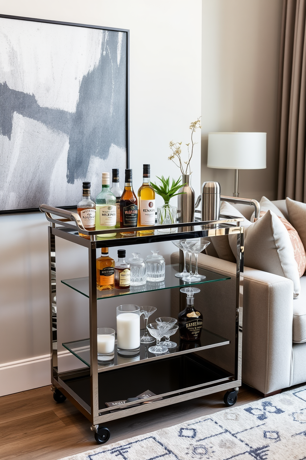 A stylish bar cart is elegantly positioned in the corner of a modern living room. It features a sleek metal frame with glass shelves, showcasing an array of premium spirits and glassware. The cart is adorned with decorative elements such as a small plant and a chic cocktail shaker. The backdrop includes a contemporary painting and a cozy seating area that invites guests to gather and socialize.