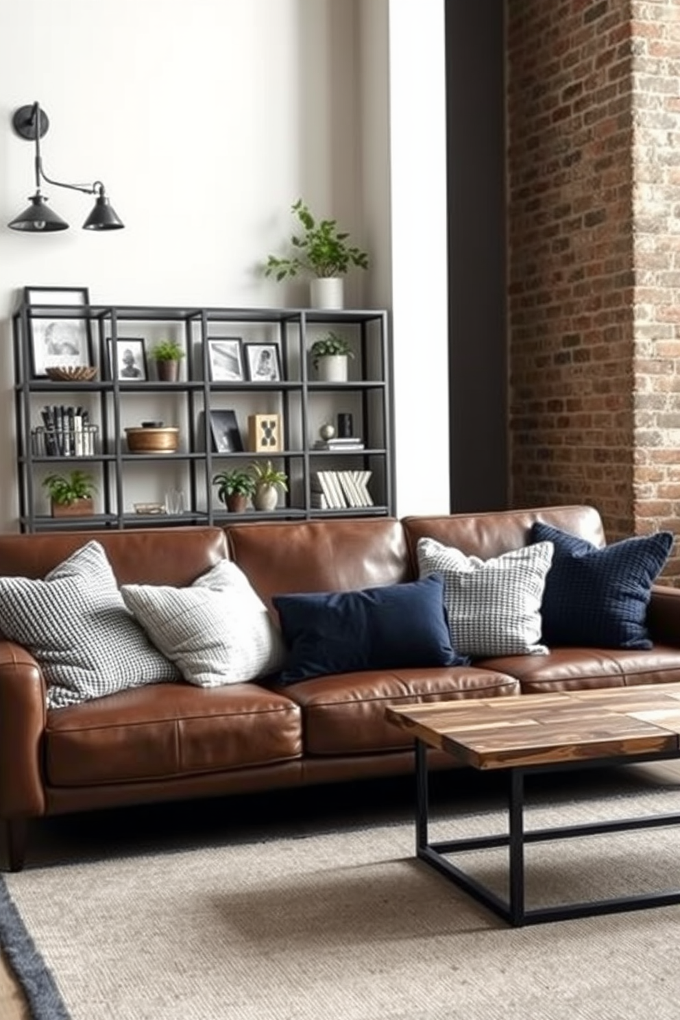 Textured pillows in various shades of gray and navy are scattered across a sleek leather sofa, creating a cozy yet stylish atmosphere. The backdrop features a minimalist bookshelf filled with curated decor and a few potted plants to bring life to the space. The apartment design incorporates industrial elements like exposed brick walls and metal light fixtures for a modern edge. A large area rug anchors the living space, while a small coffee table made of reclaimed wood adds warmth and character.