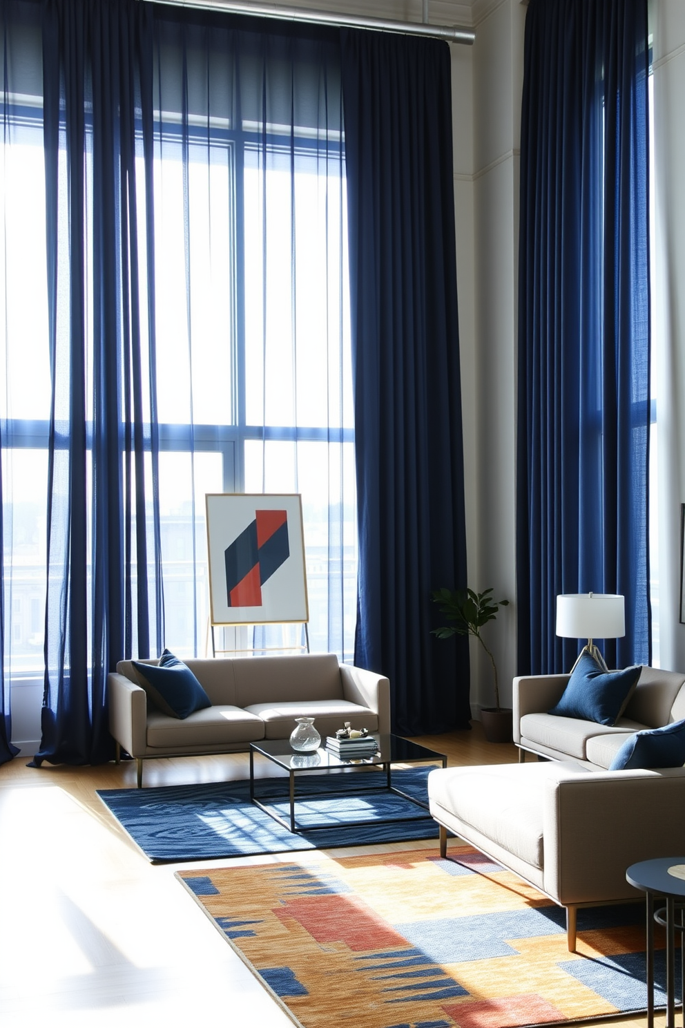 Floor-to-ceiling curtains in a rich navy blue fabric frame the large windows, adding a touch of elegance to the apartment. The curtains cascade down to the floor, pooling slightly for a luxurious effect, while allowing natural light to filter in softly. The apartment features a modern open layout with sleek furniture choices, including a low-profile sofa in a neutral tone and a stylish coffee table. Accent pieces like geometric art and a statement rug in bold colors enhance the masculine vibe while maintaining sophistication.