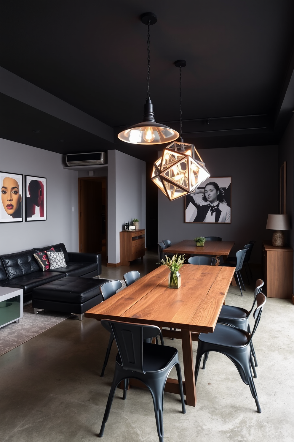 A stylish apartment designed for men featuring unique light fixtures that serve as focal points in each room. The living area boasts an industrial-style pendant light hanging above a sleek black leather sofa, complemented by a minimalist coffee table. In the dining space, a contemporary chandelier made of geometric shapes illuminates a rustic wooden dining table surrounded by metal chairs. The walls are adorned with bold artwork, and the flooring is a polished concrete that adds an urban touch to the overall aesthetic.