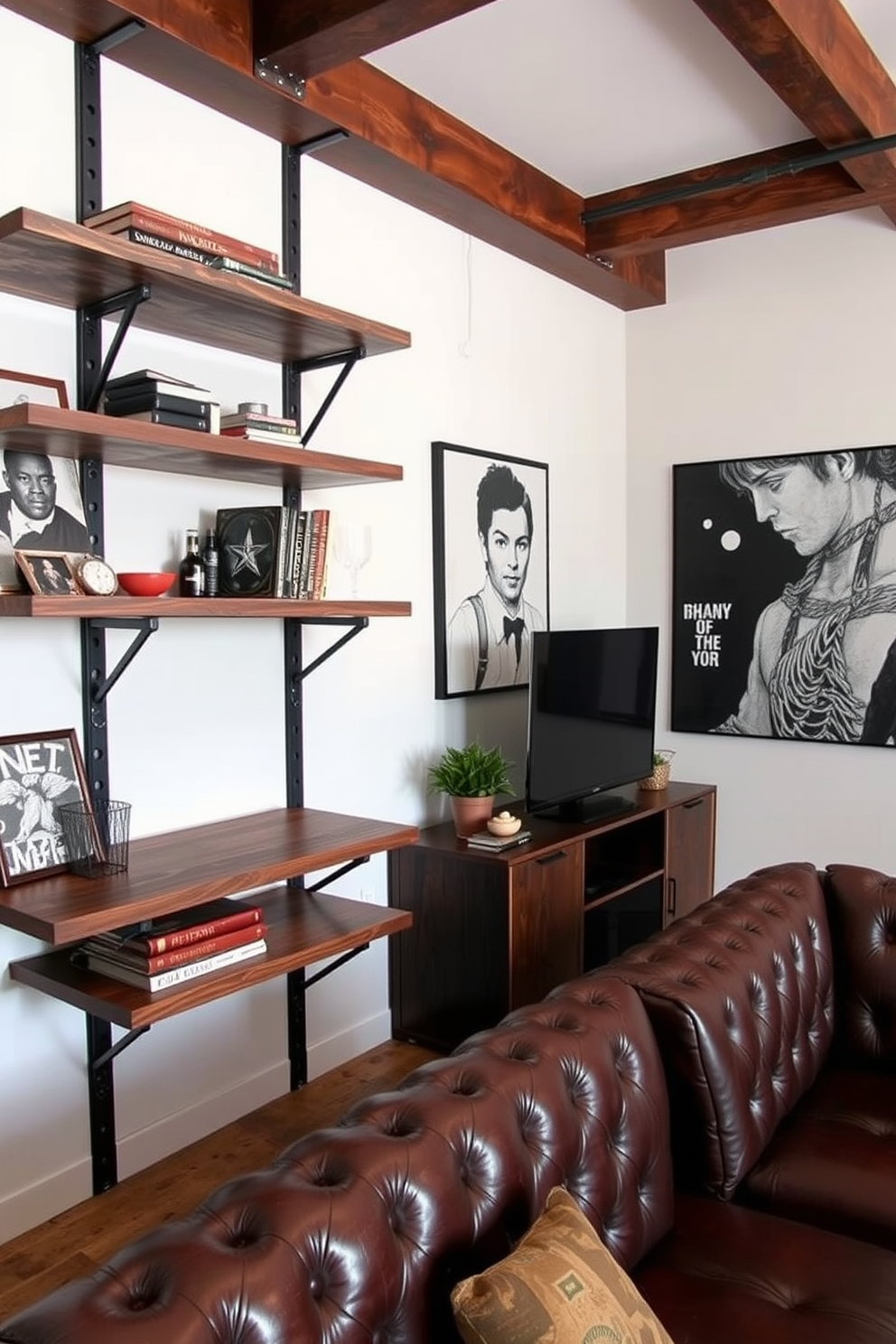 Industrial shelving for open storage. The shelves are made of reclaimed wood and metal brackets, creating a rugged yet stylish look. Apartment design ideas for guys. The space features a mix of dark colors and bold accents, with leather furniture and modern art pieces that reflect a masculine aesthetic.