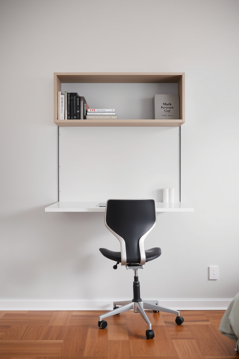 A sleek wall-mounted desk is positioned against a light gray wall, maximizing floor space while providing a clean workspace. The desk features open shelving above for books and decorative items, creating an organized and modern aesthetic. The floor is adorned with a warm wood finish, complementing the minimalist design. A comfortable ergonomic chair is tucked neatly under the desk, ensuring functionality and style for the apartment design.