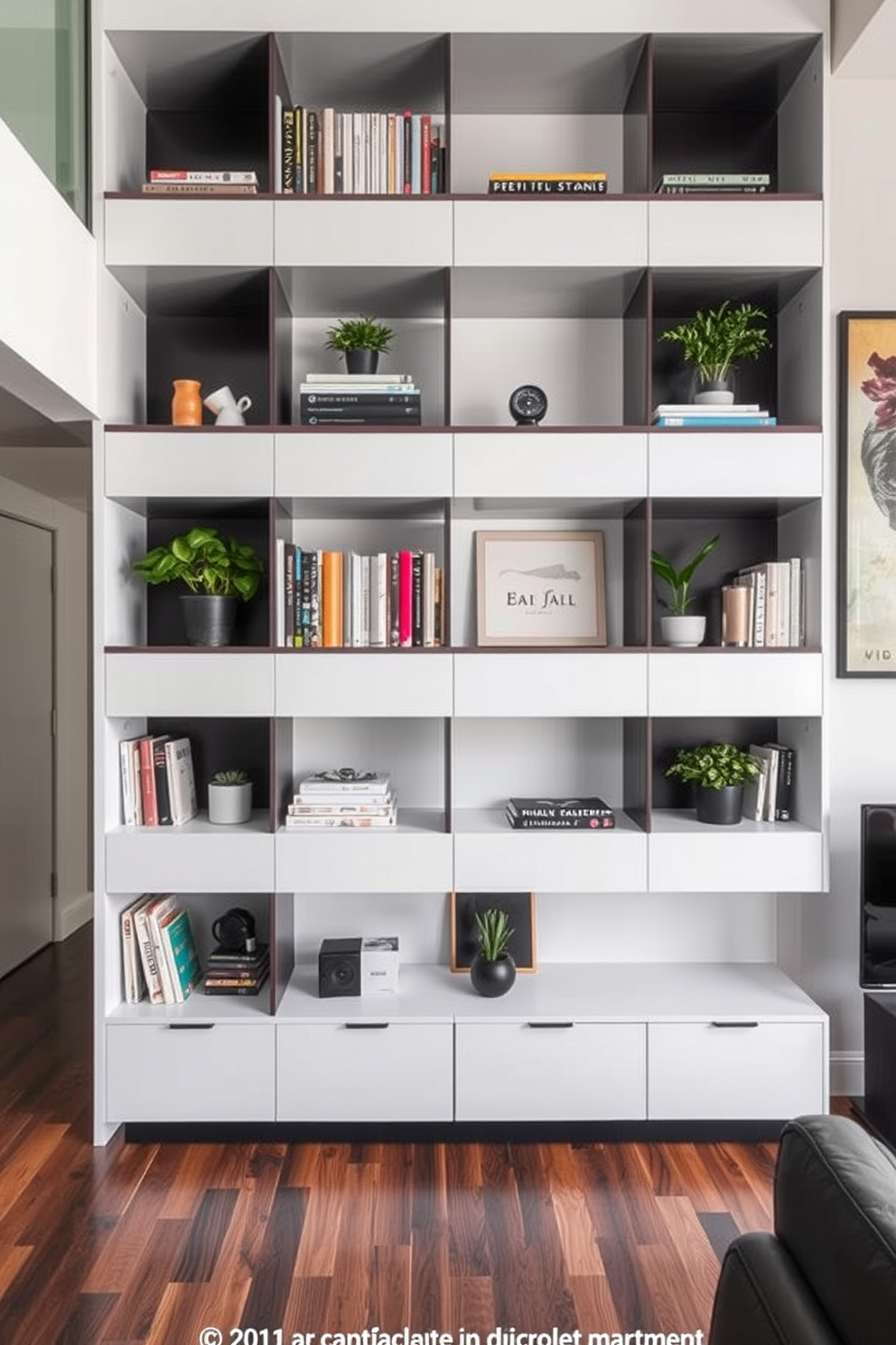 Open shelving features a sleek design with clean lines, showcasing an array of curated items that reflect personal style. The shelves are adorned with books, plants, and decorative objects, creating an inviting and organized atmosphere. The apartment layout is optimized for functionality, with a modern aesthetic that incorporates bold colors and industrial elements. Furnishings are minimal yet stylish, providing comfort while maintaining a contemporary vibe.