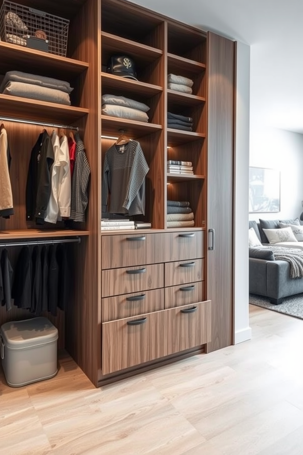 Custom closet organizers for neatness. The closet features built-in shelves and drawers designed for maximizing space and keeping items tidy. Apartment design ideas for guys. The living area showcases a blend of modern furniture with industrial accents, creating a stylish yet functional environment.