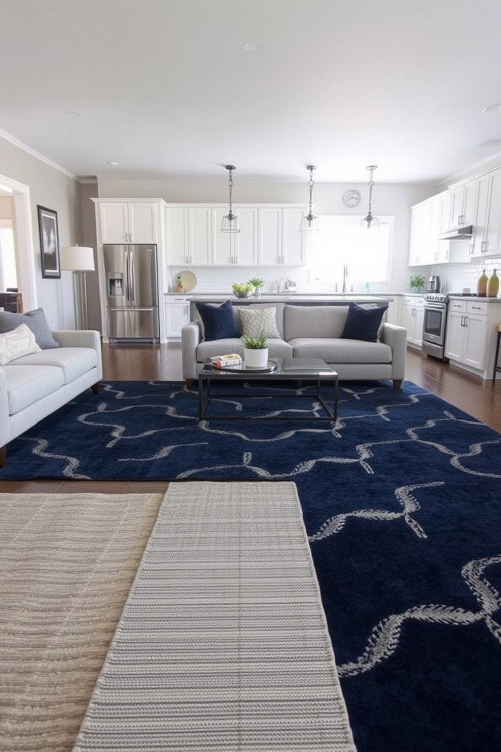 A stylish living area featuring a large area-specific rug that defines the seating space. The rug is a deep navy blue with geometric patterns, complementing the modern furniture arrangement. A sleek kitchen design with a runner rug that adds warmth and character to the space. The rug is a soft gray with subtle texture, perfectly contrasting the white cabinetry and stainless steel appliances.