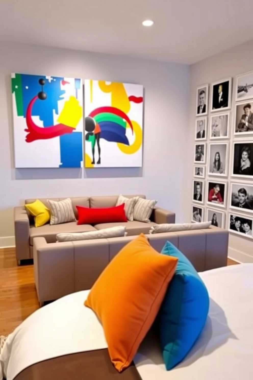 A gallery wall adorned with personal art pieces creates a vibrant focal point in the living space. Each artwork is framed in a sleek black frame, showcasing a mix of abstract and landscape paintings that reflect the owner's personality. The apartment design features a modern aesthetic with a neutral color palette complemented by bold accent pieces. Industrial elements like exposed brick and metal fixtures add a masculine touch while maintaining a sophisticated atmosphere.