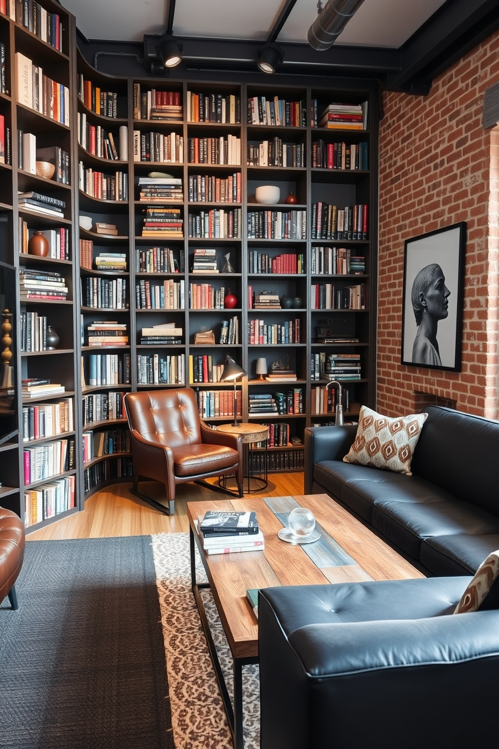 A personal library corner features floor-to-ceiling bookshelves filled with an eclectic mix of books and decorative objects. A cozy reading chair in a rich leather is positioned next to a small wooden side table, creating an inviting nook for relaxation. The apartment design ideas for guys include a sleek industrial style with exposed brick walls and metal accents. A comfortable sectional sofa in a dark hue complements a reclaimed wood coffee table, while strategically placed lighting enhances the modern aesthetic.