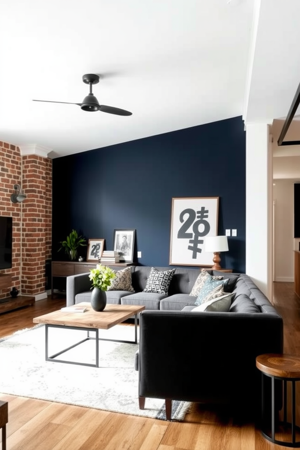 A sleek minimalist shelving unit spans the wall, crafted from light wood with clean lines and an open design. The shelves are adorned with curated books, plants in simple pots, and a few decorative objects, creating an organized yet inviting display. The apartment features a modern aesthetic with a neutral color palette and functional furniture choices. A cozy lounge area includes a low-profile sofa and a stylish coffee table, perfect for relaxation and socializing.