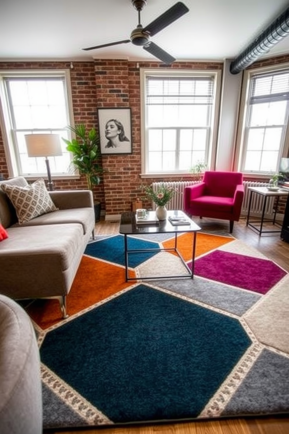 A bold accent wall in a dark color serves as the focal point of the living space. The room features modern furniture with clean lines and a mix of textures for added depth. A sleek sectional sofa in a neutral tone complements the dark wall, while vibrant throw pillows add a pop of color. Industrial-style lighting fixtures hang above, creating an inviting atmosphere perfect for relaxation or entertaining.