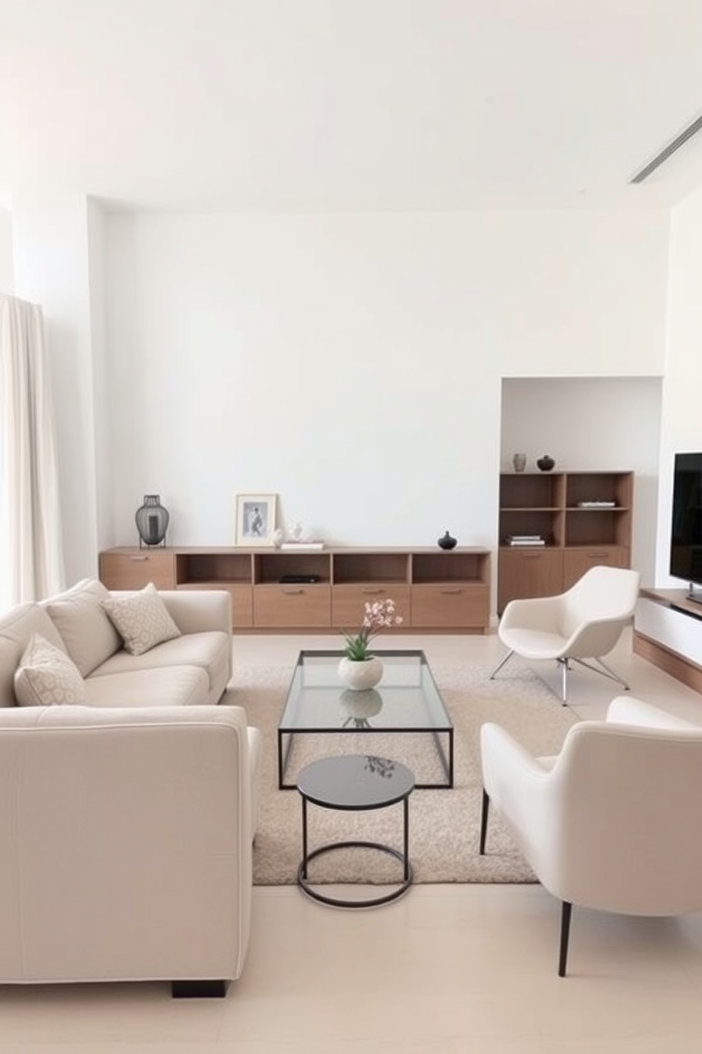 A minimalist living room featuring a sleek low-profile sofa in a neutral color. The space is accentuated by a glass coffee table and a single modern armchair, creating an open and airy atmosphere. The walls are painted in a soft white, enhancing the spacious feel of the apartment. A few carefully selected decorative items are placed on the shelves, maintaining a clutter-free environment.