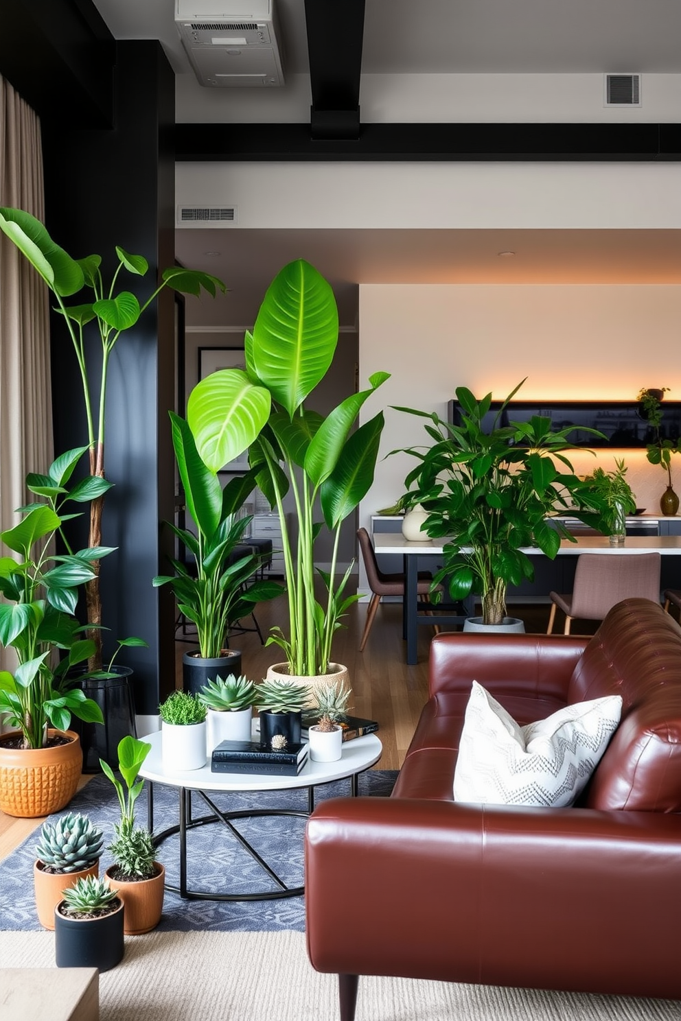 A stylish apartment designed for a modern man featuring an open layout with a cozy living area. Lush indoor plants are strategically placed throughout the space, adding vibrancy and a fresh atmosphere. The living room boasts a sleek leather sofa paired with a minimalist coffee table. A collection of potted plants, including a tall fiddle leaf fig and smaller succulents, enhance the ambiance and create a connection to nature.