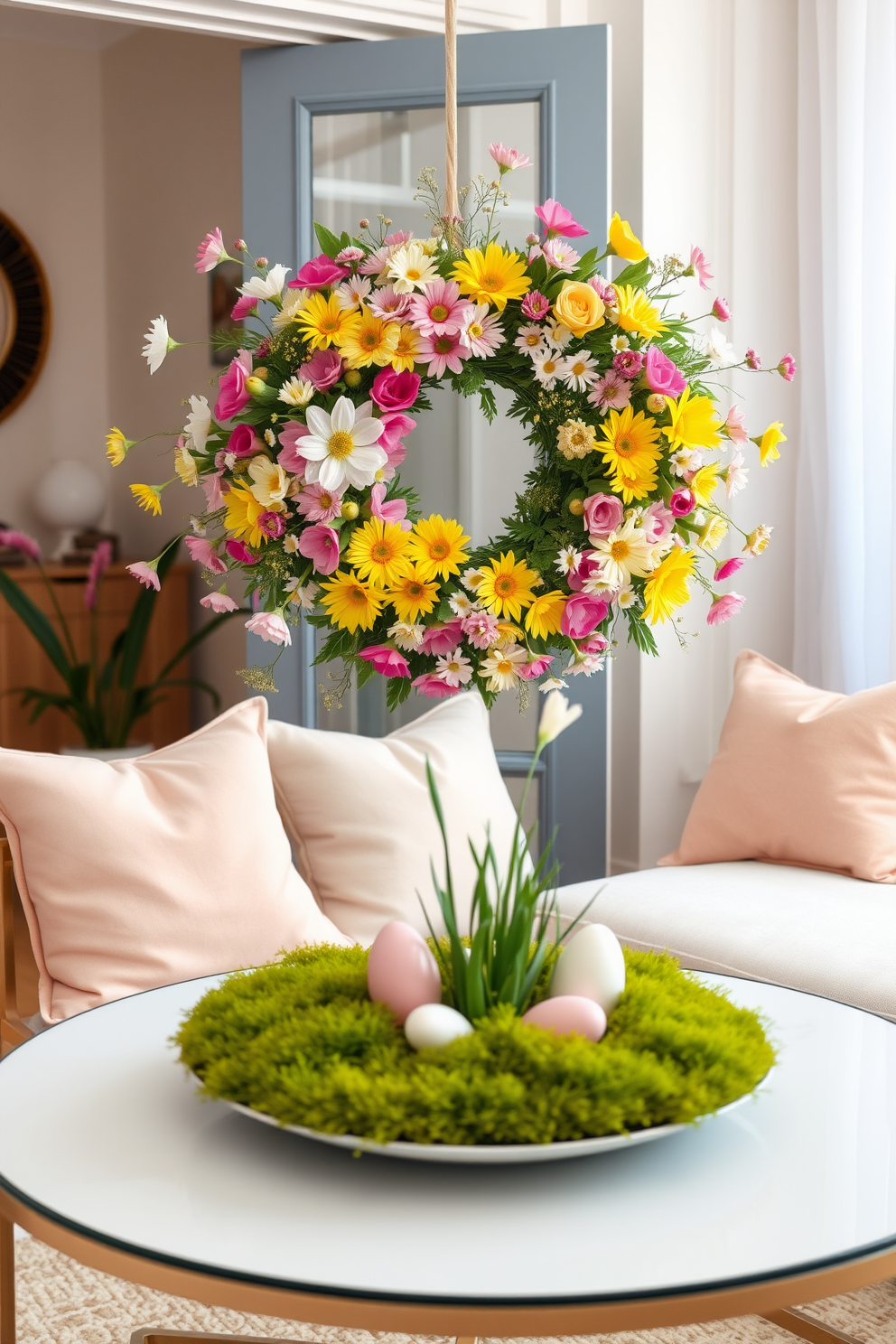 A vibrant spring floral wreath adorns the front door, bursting with an array of colorful blooms such as tulips, daisies, and cherry blossoms. The cheerful colors and fresh greenery create a welcoming atmosphere, inviting guests to enjoy the festive spirit of Easter. Inside the apartment, delicate pastel decorations enhance the Easter theme, with soft pink and yellow accents throughout the living space. Adorn the coffee table with a centerpiece of Easter eggs nestled in a bed of moss, complemented by small potted plants for a touch of nature.