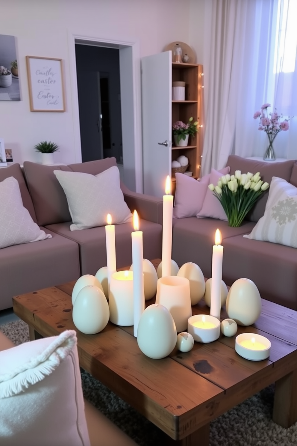 Create a cozy apartment setting adorned with egg-shaped candles that provide a warm ambiance. The candles are arranged on a rustic wooden coffee table surrounded by pastel-colored cushions and Easter-themed decor.