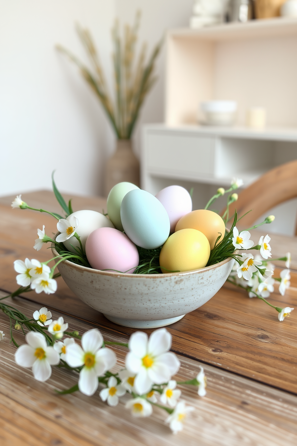 A beautifully arranged bowl filled with DIY painted eggs in various pastel colors sits on a rustic wooden table. Surrounding the bowl, delicate spring flowers in soft hues add a charming touch to the Easter decor in the apartment.