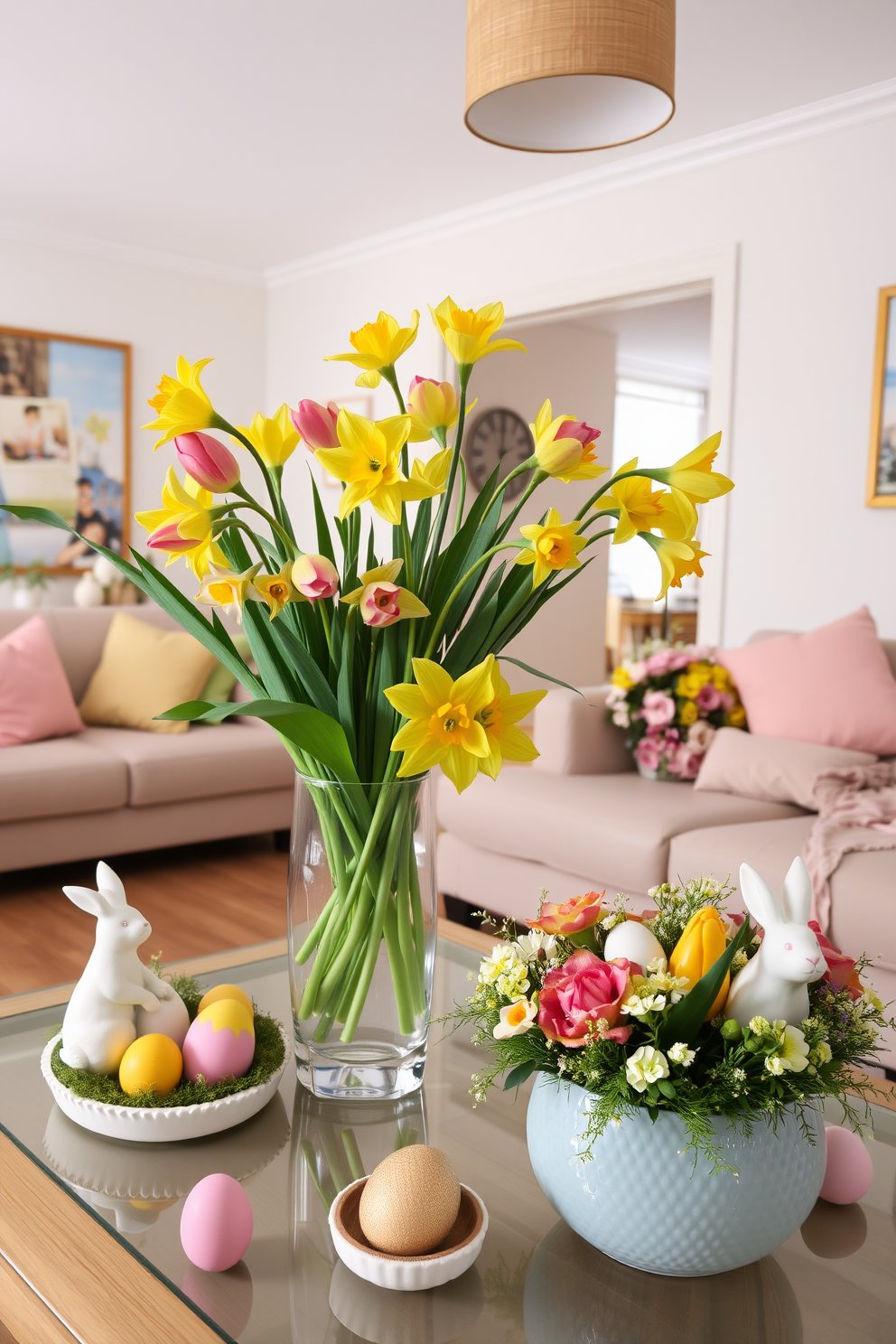 A bright and cheerful apartment setting adorned with floral arrangements featuring seasonal blooms. The living room showcases a large vase filled with vibrant tulips and daffodils on a coffee table, complemented by pastel-colored cushions on a cozy sofa. In the dining area, a beautifully set table includes a centerpiece of mixed seasonal flowers, enhancing the festive atmosphere. Easter-themed decorations, such as decorative eggs and bunny figurines, are tastefully arranged around the space to celebrate the holiday.