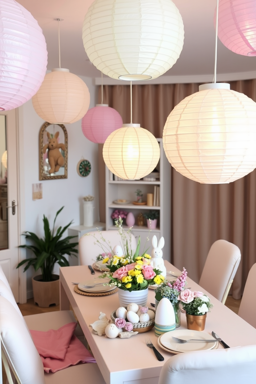 Create a cozy apartment setting adorned with hanging paper lanterns in soft pastel colors. The lanterns are suspended from the ceiling, casting a warm glow over a beautifully decorated Easter table featuring seasonal decorations and fresh flowers.