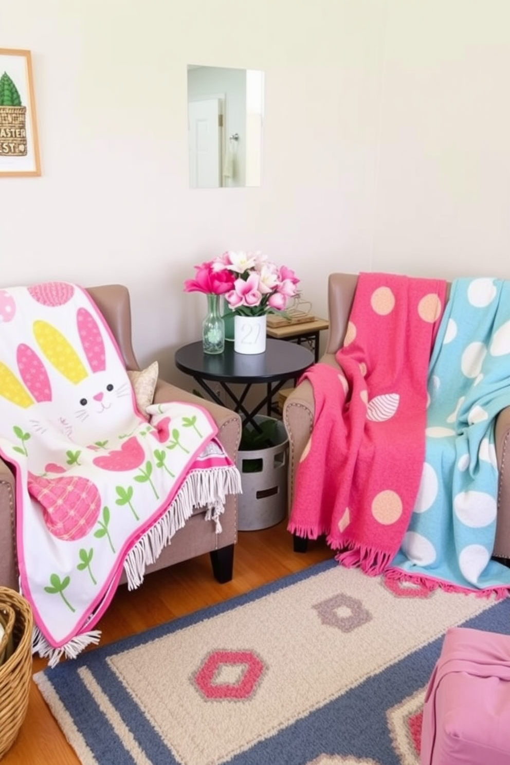 A cozy apartment setting decorated for Easter. The room features seasonal candles in pastel colors arranged on a wooden coffee table, surrounded by soft cushions and a light throw blanket.