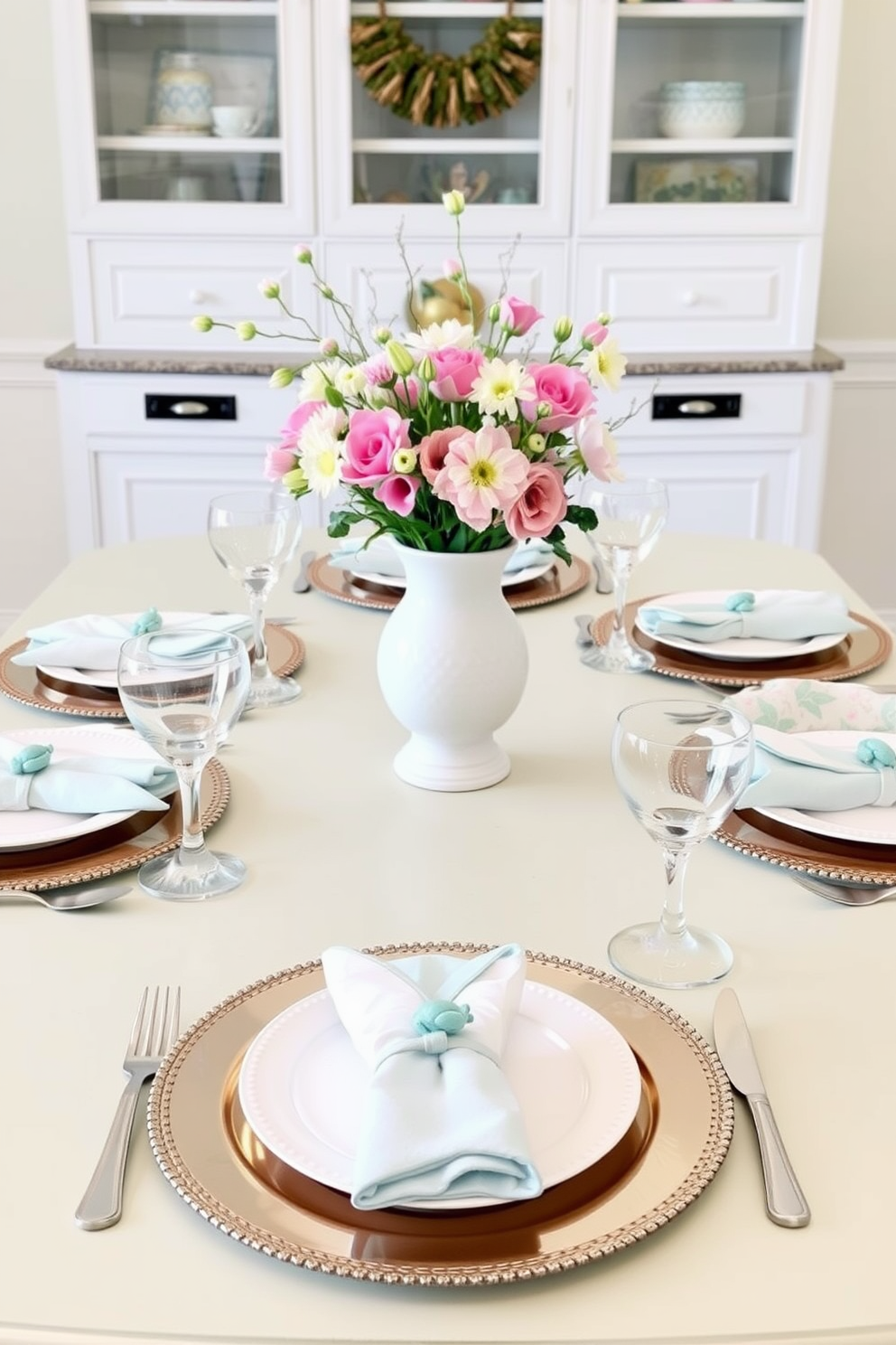 Create a charming dining setting for Easter featuring bunny ear napkin folds at each place setting. The table is adorned with pastel-colored tableware and a beautiful centerpiece of spring flowers in a decorative vase.