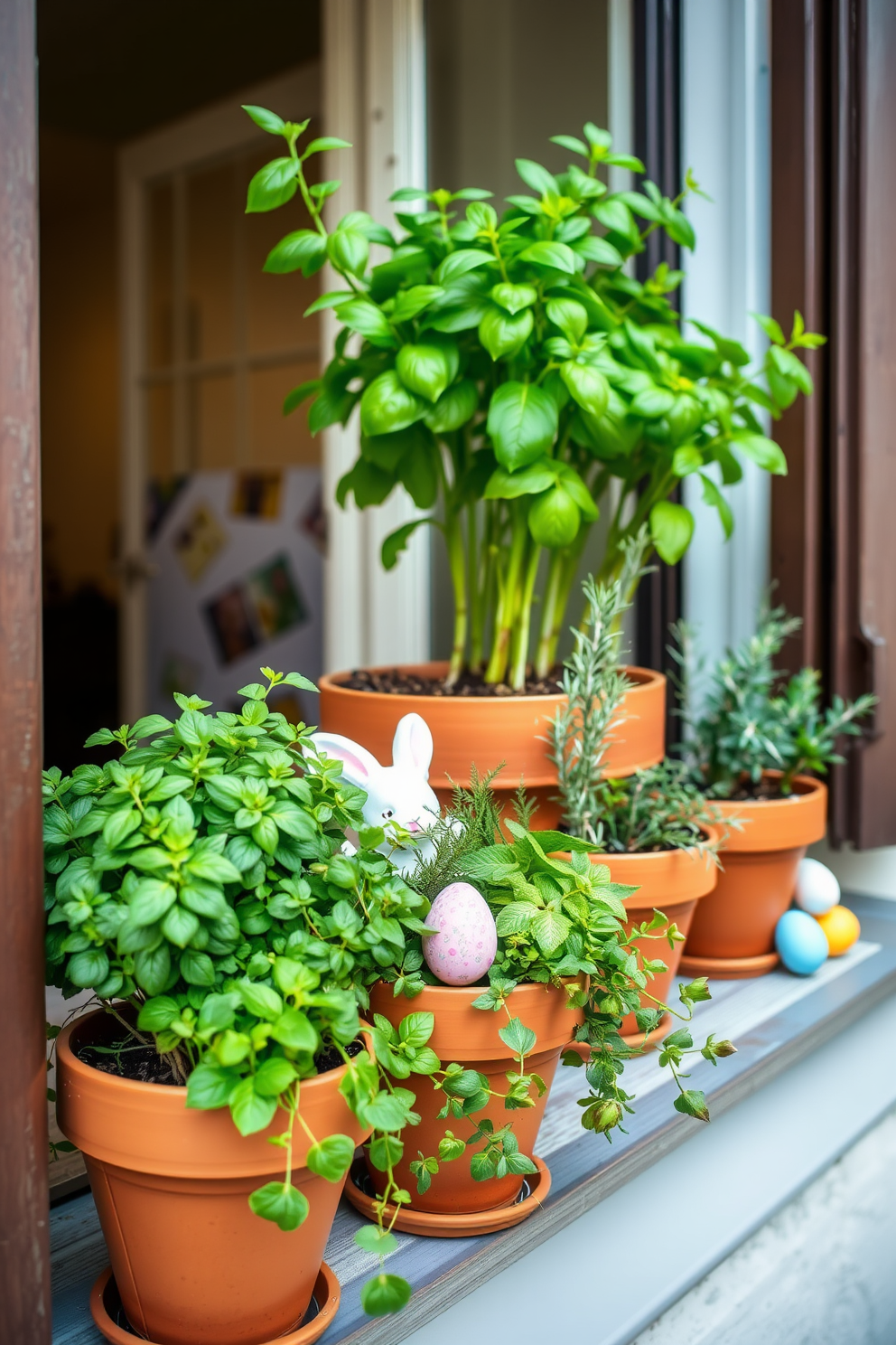 A bright and cheerful window sill filled with an array of fresh herbs such as basil, thyme, and rosemary in stylish terracotta pots. The scene is enhanced with pastel-colored Easter decorations like small bunnies and colorful eggs nestled among the greenery.