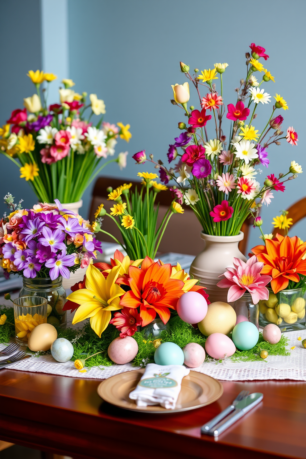 A vibrant table setting adorned with colorful spring centerpieces featuring fresh flowers in a variety of hues. The arrangement includes pastel-colored eggs and decorative elements that evoke the spirit of Easter, creating a cheerful and inviting atmosphere.