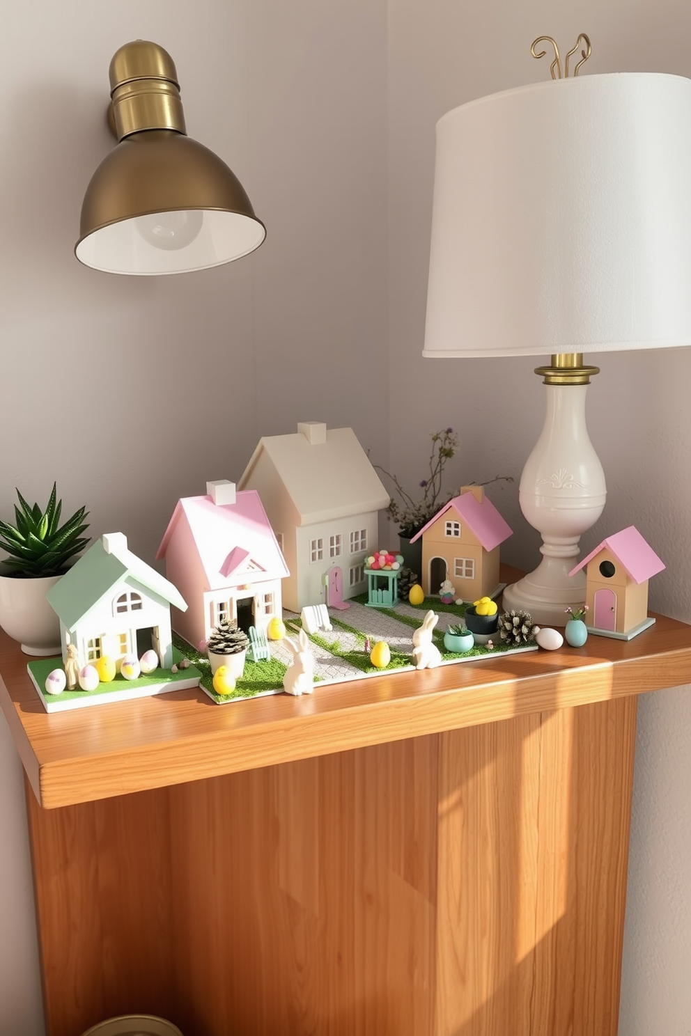 A charming miniature Easter village display is arranged on a wooden shelf. The scene features pastel-colored houses, tiny figurines of bunnies and chicks, and decorative egg accents to create a festive atmosphere. Surrounding the village are small potted flowers and greenery to enhance the cheerful vibe. Soft lighting from a nearby lamp casts a warm glow over the display, inviting a sense of whimsy and celebration.