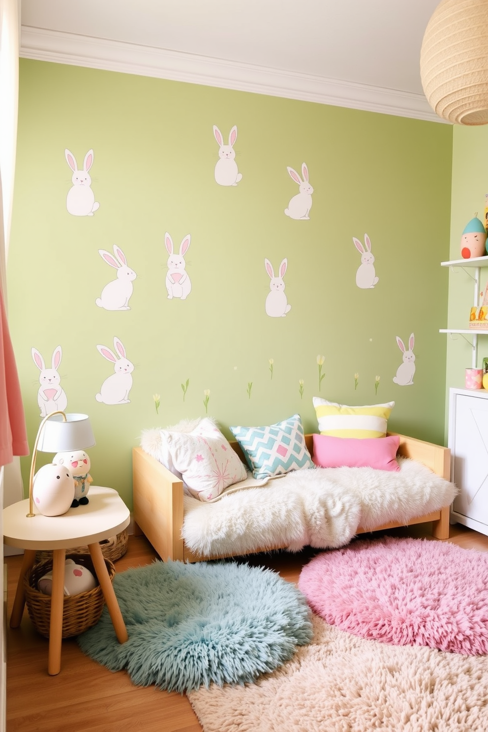 A whimsical kids room featuring colorful bunny wall decals that bring a playful atmosphere to the space. The decor includes pastel-colored furniture and soft textiles, creating a cozy and inviting environment for children.