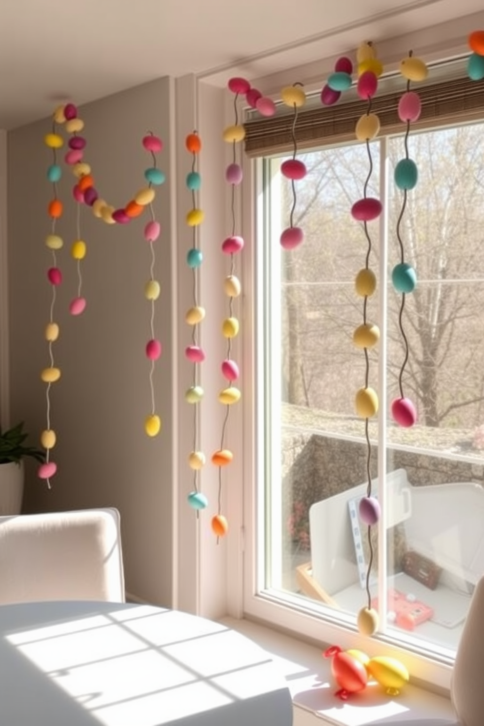 Colorful egg garlands drape elegantly across the windows, adding a festive touch to the room. The vibrant hues of the eggs contrast beautifully with the soft natural light streaming in, creating a cheerful atmosphere for Easter celebrations.