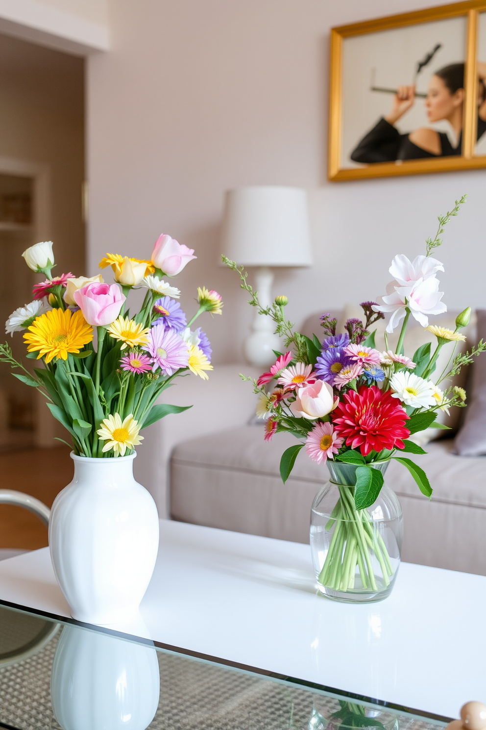 Fresh flowers in decorative vases are artfully arranged throughout the apartment. Each vase showcases a variety of colorful blooms that complement the Easter theme, adding a vibrant touch to the decor. Delicate pastel colors are incorporated into the overall design, enhancing the festive atmosphere. Soft lighting creates a warm and inviting ambiance, perfect for celebrating the holiday.