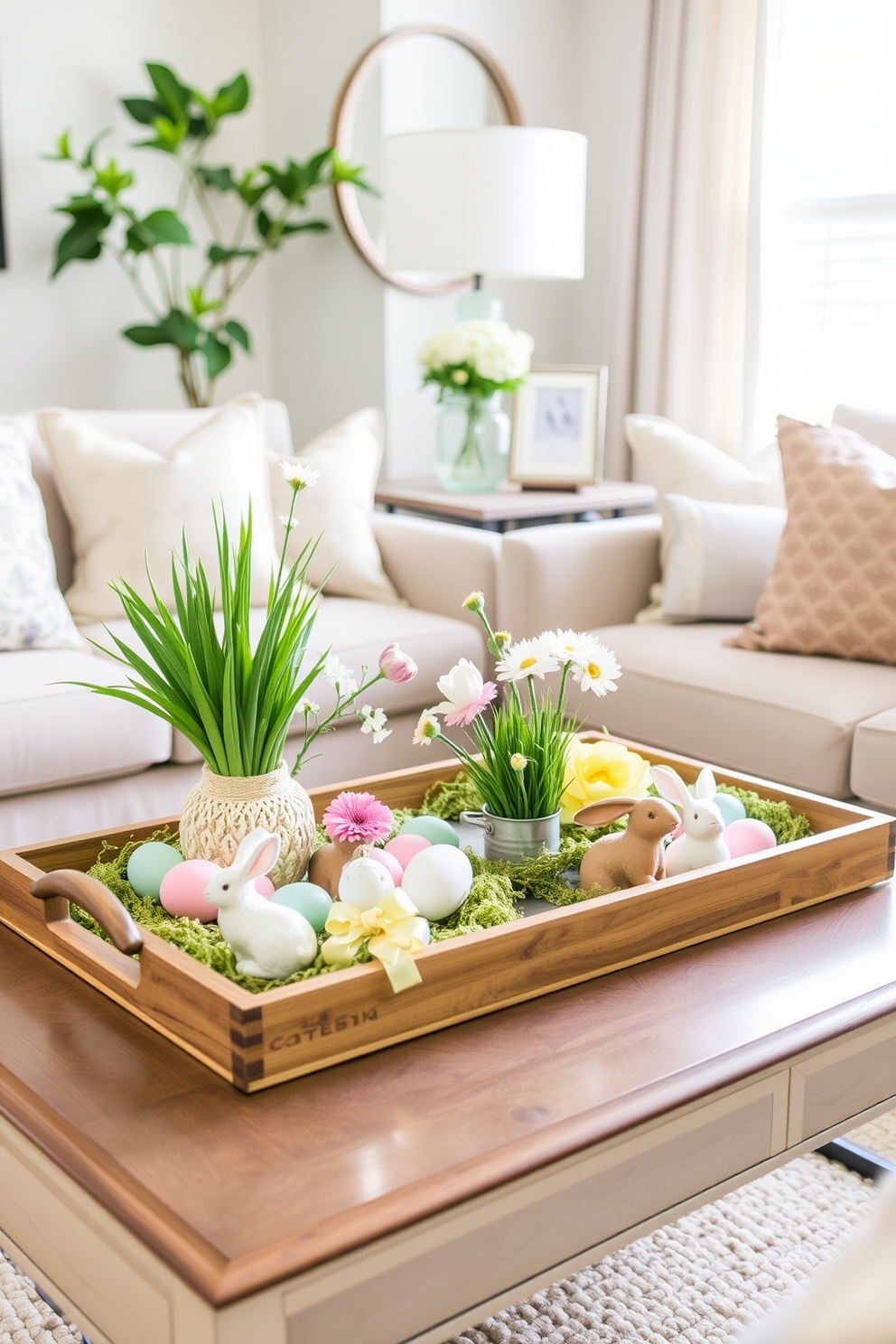 Create a charming apartment setting for Easter featuring decorative trays adorned with spring elements. The trays should include pastel colored eggs, fresh flowers, and small bunnies, arranged artfully on a coffee table surrounded by cozy seating.