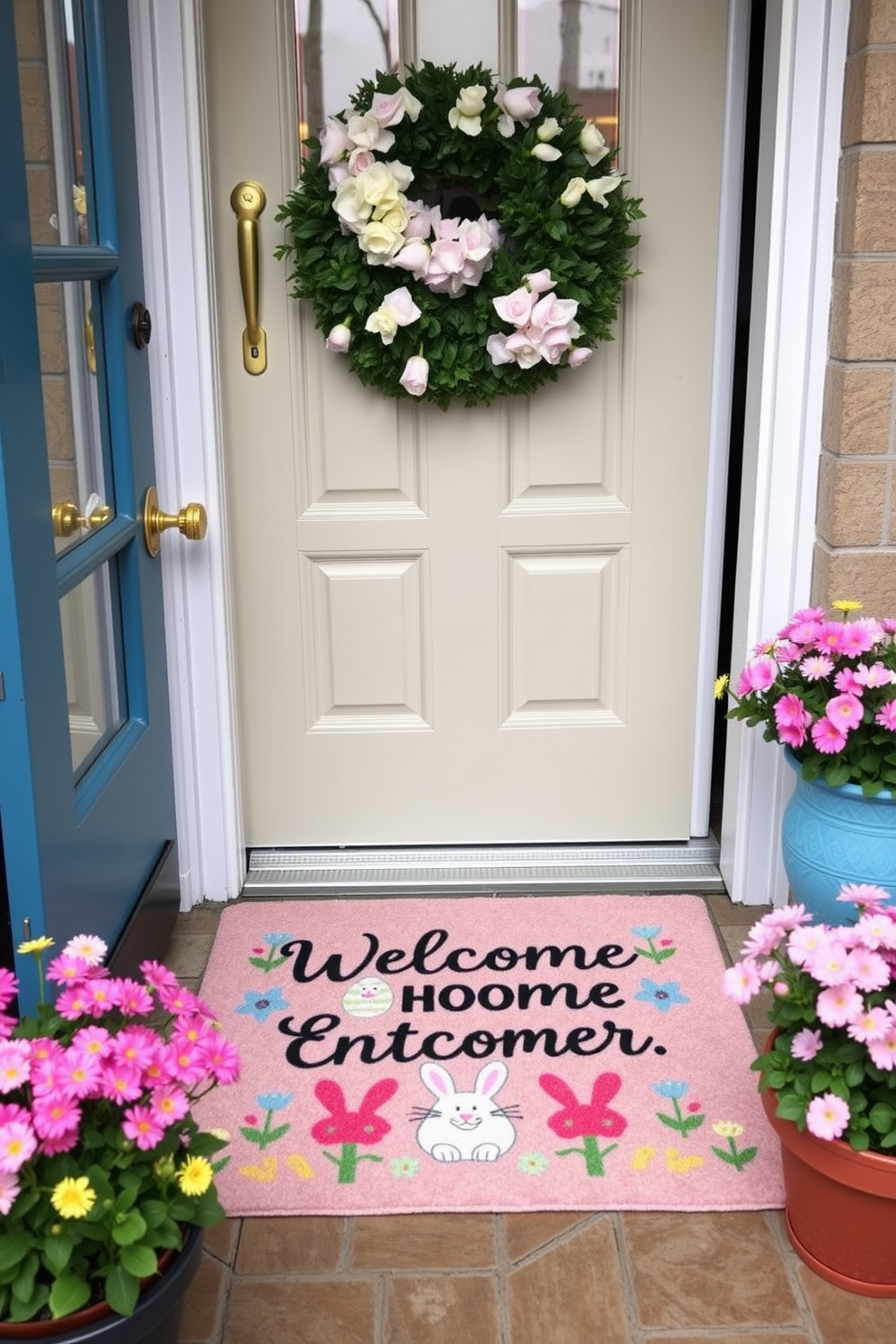 A charming entrance featuring an Easter-themed door mat that welcomes guests with vibrant pastel colors and cheerful bunny motifs. Surrounding the door mat, potted flowers in bloom add a touch of springtime freshness to the apartment decor.