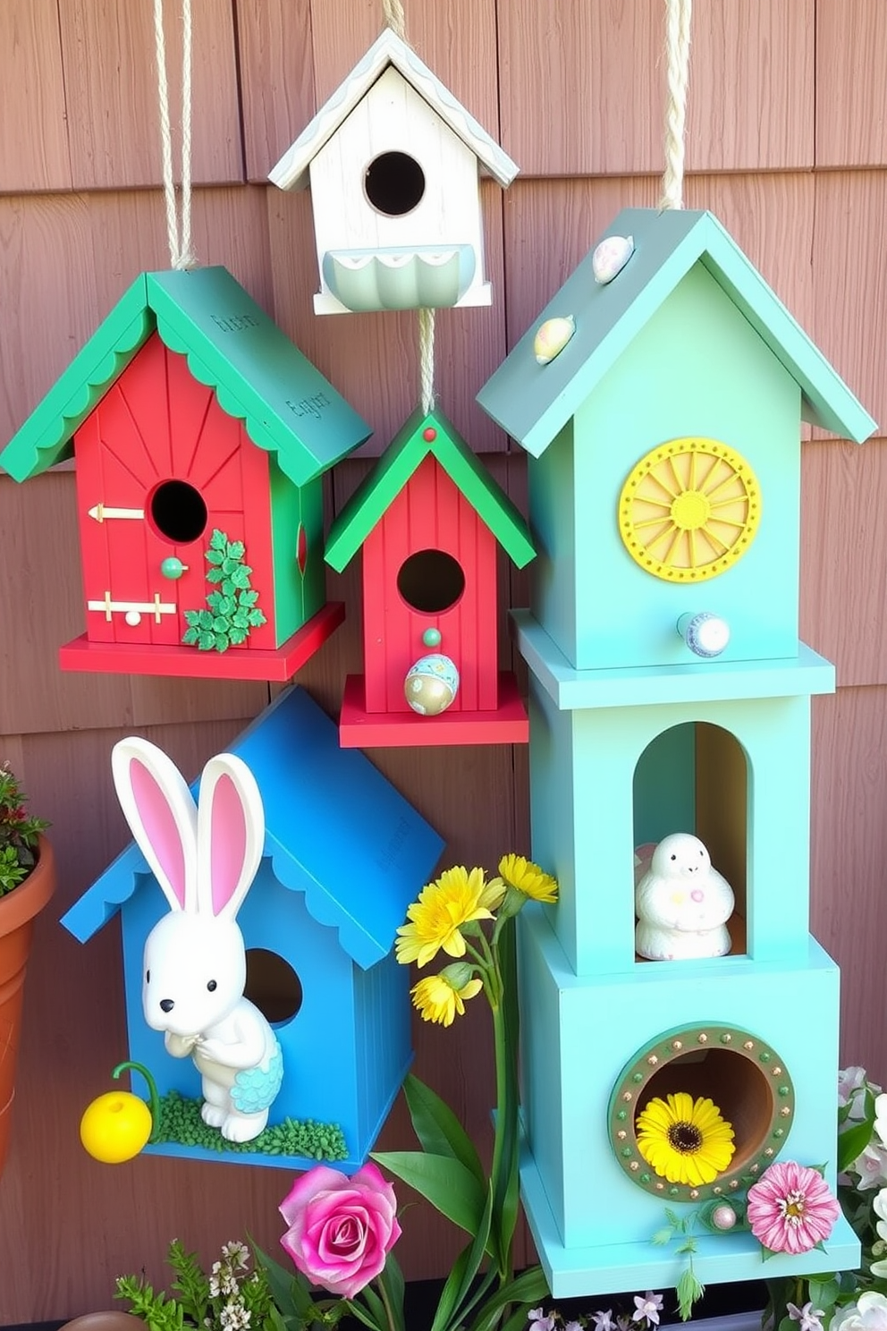 Charming birdhouses for outdoor decor. Each birdhouse features a unique design with vibrant colors and intricate details, perfect for attracting feathered friends to your garden. Apartment Easter decorating ideas. Incorporate pastel-colored decorations such as eggs and bunnies, along with fresh flowers in cheerful arrangements to create a festive atmosphere.