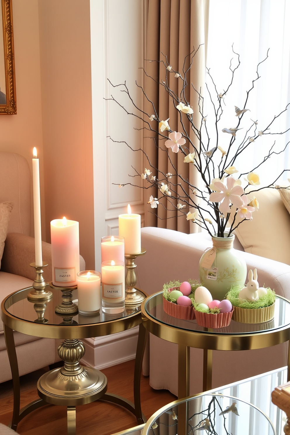 Seasonal scented candles are placed on elegant side tables, creating a warm and inviting atmosphere. The candles are arranged in varying heights and colors, complementing the overall decor of the apartment. Easter decorations are thoughtfully integrated throughout the space, featuring pastel-colored accents and whimsical motifs. Delicate floral arrangements and themed ornaments enhance the cheerful ambiance, celebrating the spirit of the season.