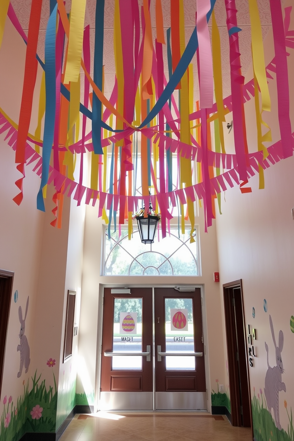 Brightly colored paper streamers hang from the ceiling in the entryway, creating a festive and cheerful atmosphere. The walls are adorned with Easter-themed decorations, including painted eggs and playful bunny motifs, welcoming guests with a vibrant touch.