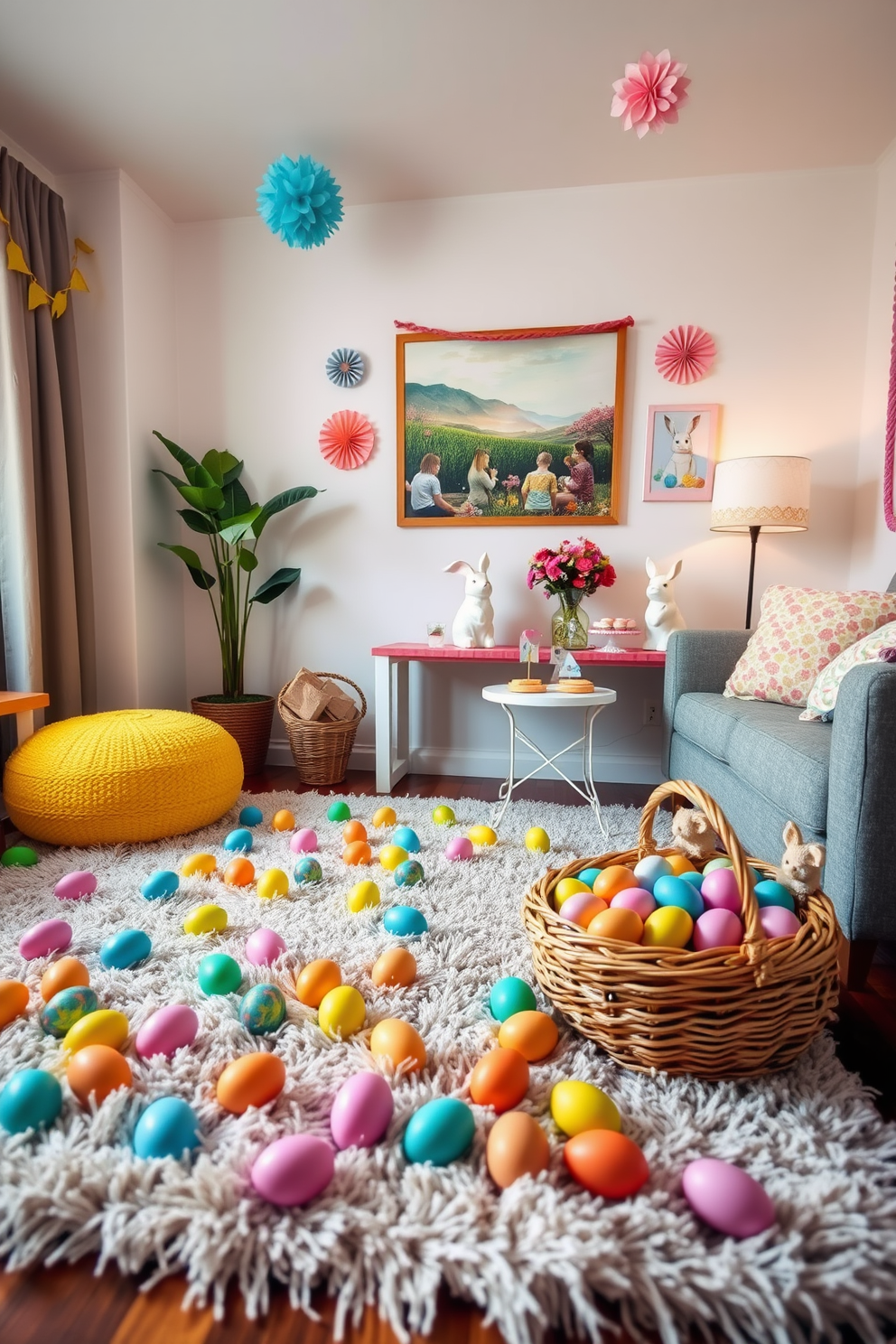 A cozy living room is transformed into a festive Easter egg hunt setting. Colorful Easter eggs are scattered around a plush area rug, with a basket overflowing with more eggs placed in the corner. Brightly colored decorations adorn the walls, including paper garlands and spring-themed artwork. A small table is set up with bunny figurines and pastel-colored treats, inviting family and friends to join in the celebration.