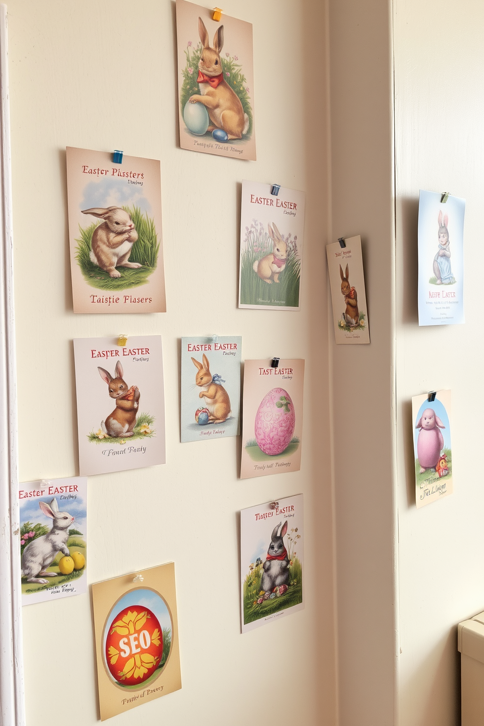 A charming display of vintage Easter postcards arranged on a soft pastel wall. The postcards feature whimsical designs and nostalgic colors, creating a festive and inviting atmosphere.