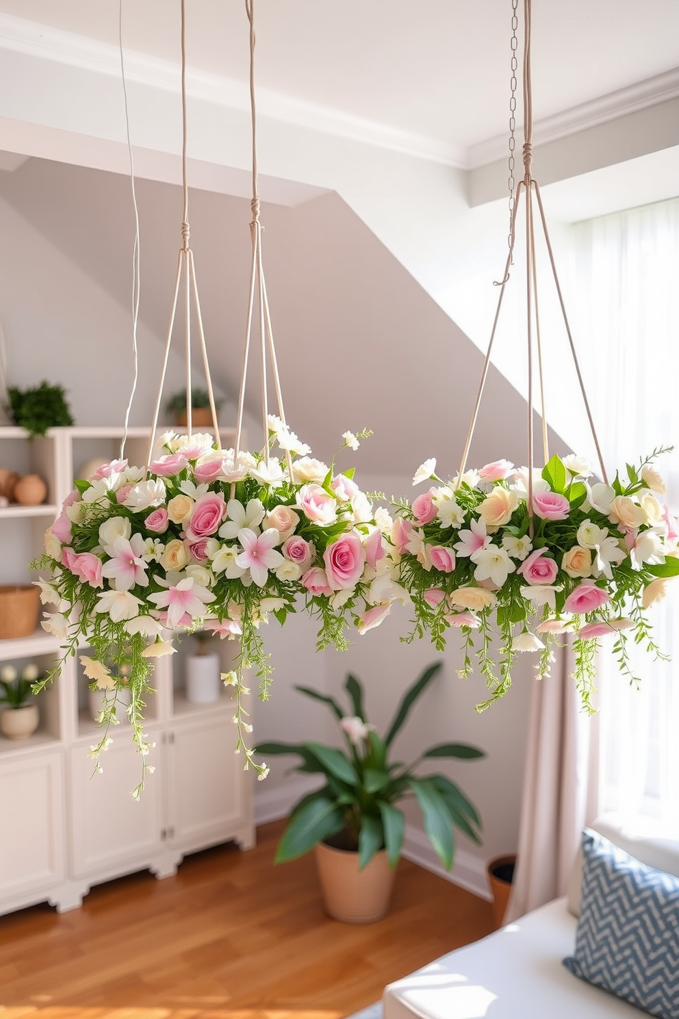 A bright and inviting apartment decorated for Easter features hanging floral arrangements suspended from the ceiling. The arrangements are filled with pastel-colored flowers and greenery, creating a cheerful atmosphere throughout the space.