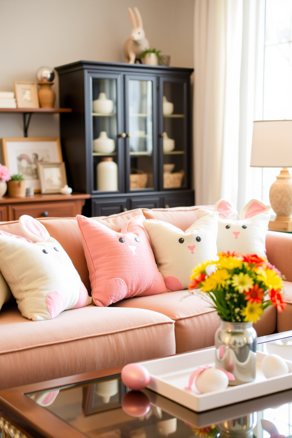 A cozy living room featuring a plush sofa adorned with bunny-shaped pillows in pastel colors. The decor includes cheerful Easter-themed accents, such as a vibrant floral arrangement and decorative eggs placed on a coffee table.